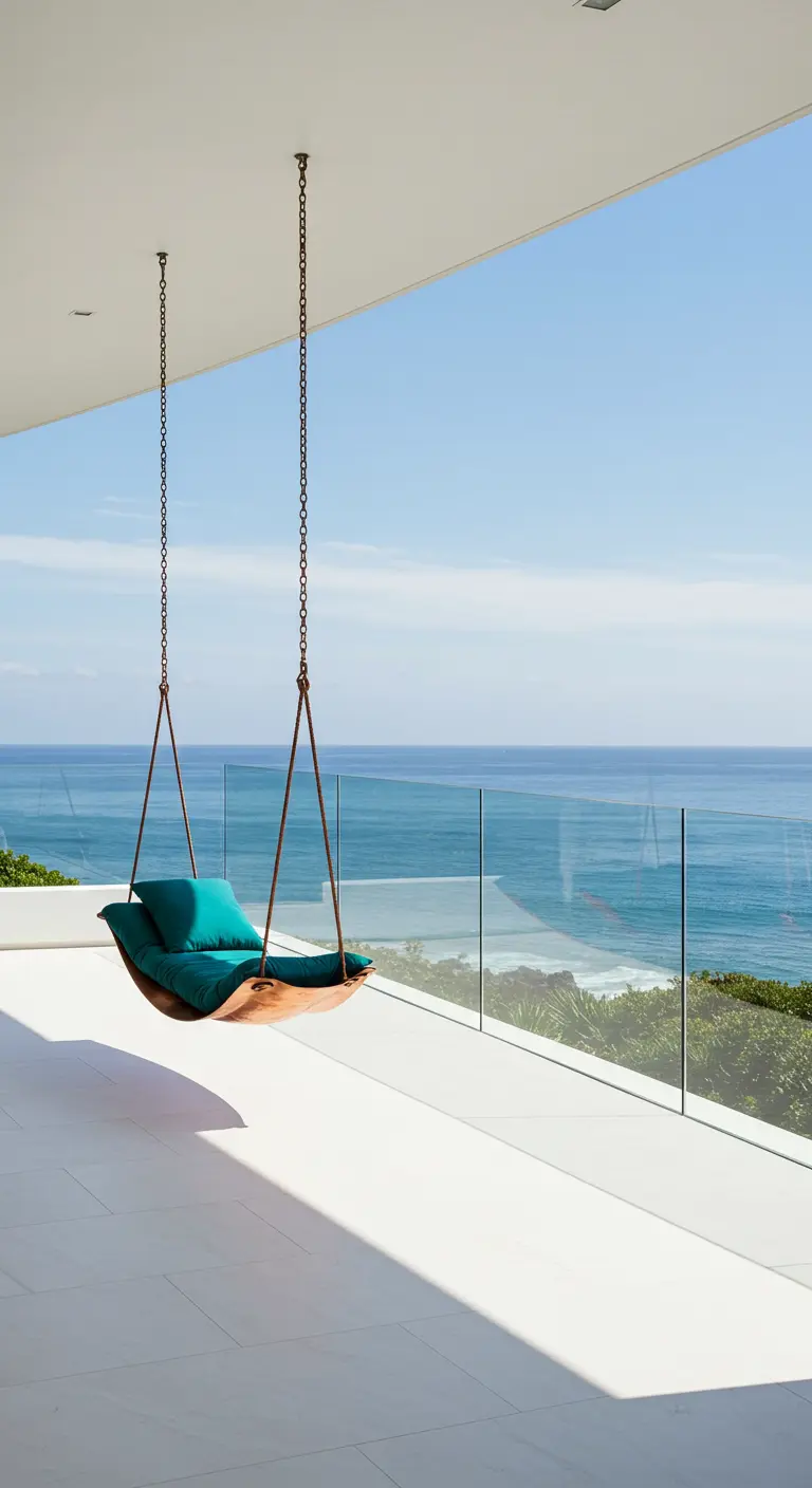 Moderne houten schommel met turquoise kussen en uitzicht op zee.