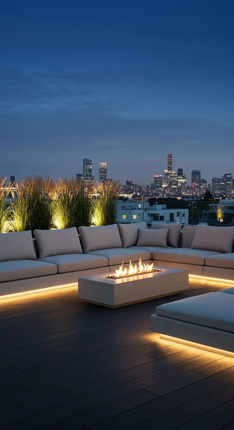 Moderne loungebank met ledverlichting en vuurtafel op een dakterras met uitzicht op de stad.