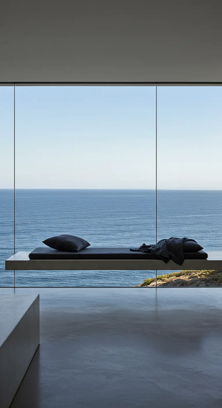Minimalistische zwevende zitbank voor een glazen wand met uitzicht op de oceaan.