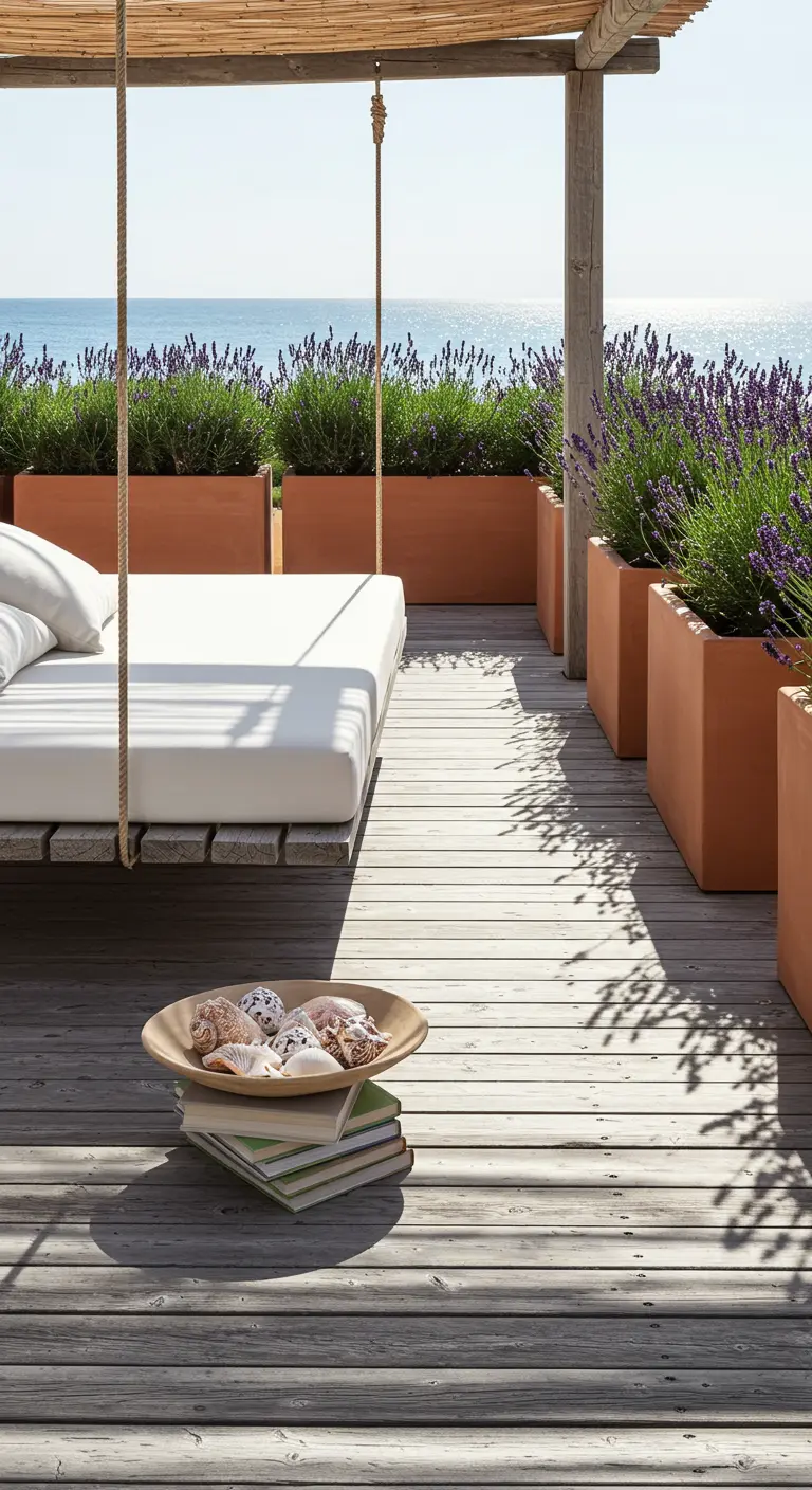 Zwevend houten daybed boven een vlonder, met strakke terracotta bakken vol lavendel.