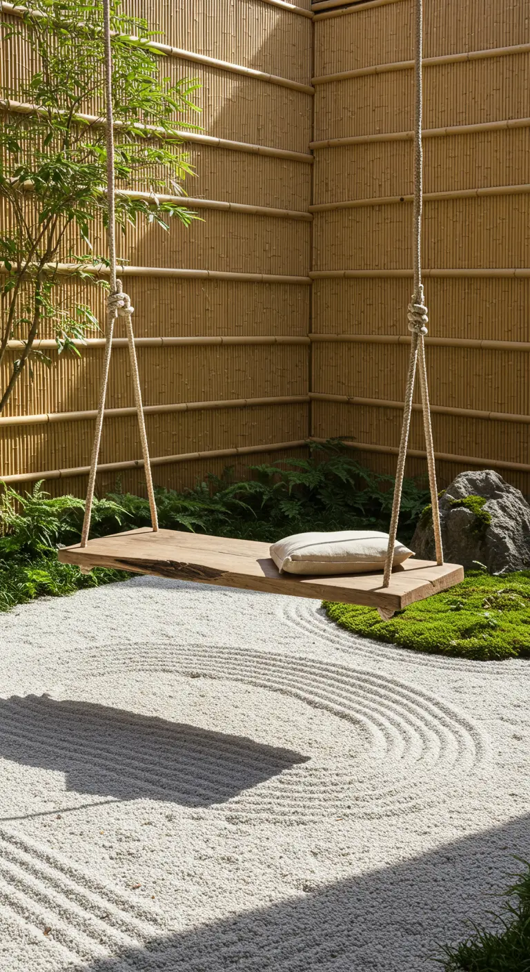 Minimalistische houten schommel boven wit zand in een Japanse zentuin met bamboe.