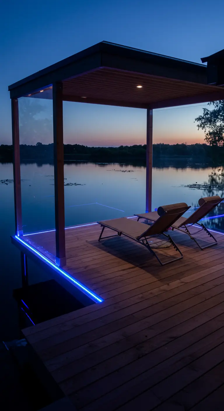 Moderne vlonder boven water met ligstoelen en blauwe LED-verlichting.