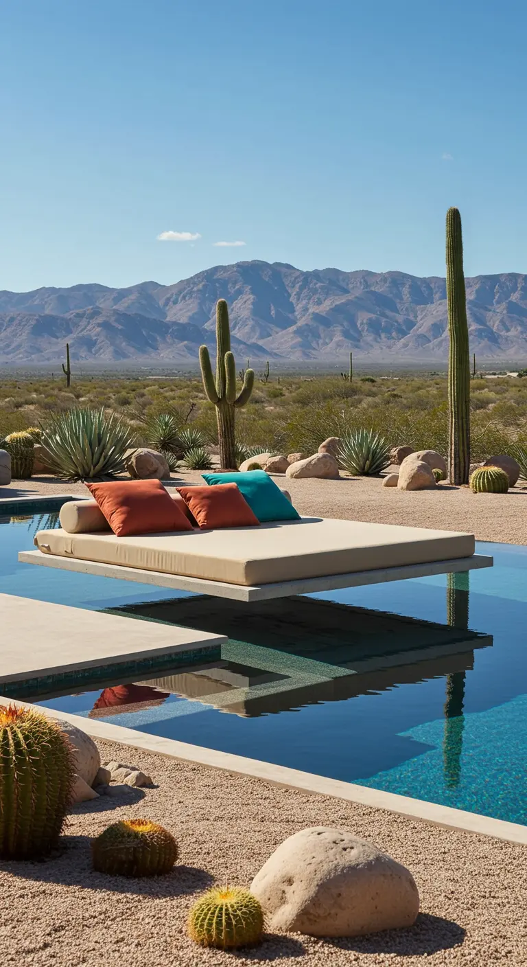 Zwevend daybed boven een zwembad in een woestijnlandschap met cactussen.