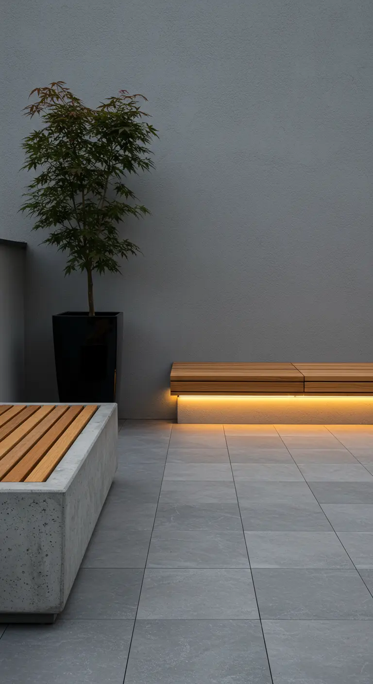 Moderne tuinbank van hout en beton met sfeervolle LED-verlichting eronder.
