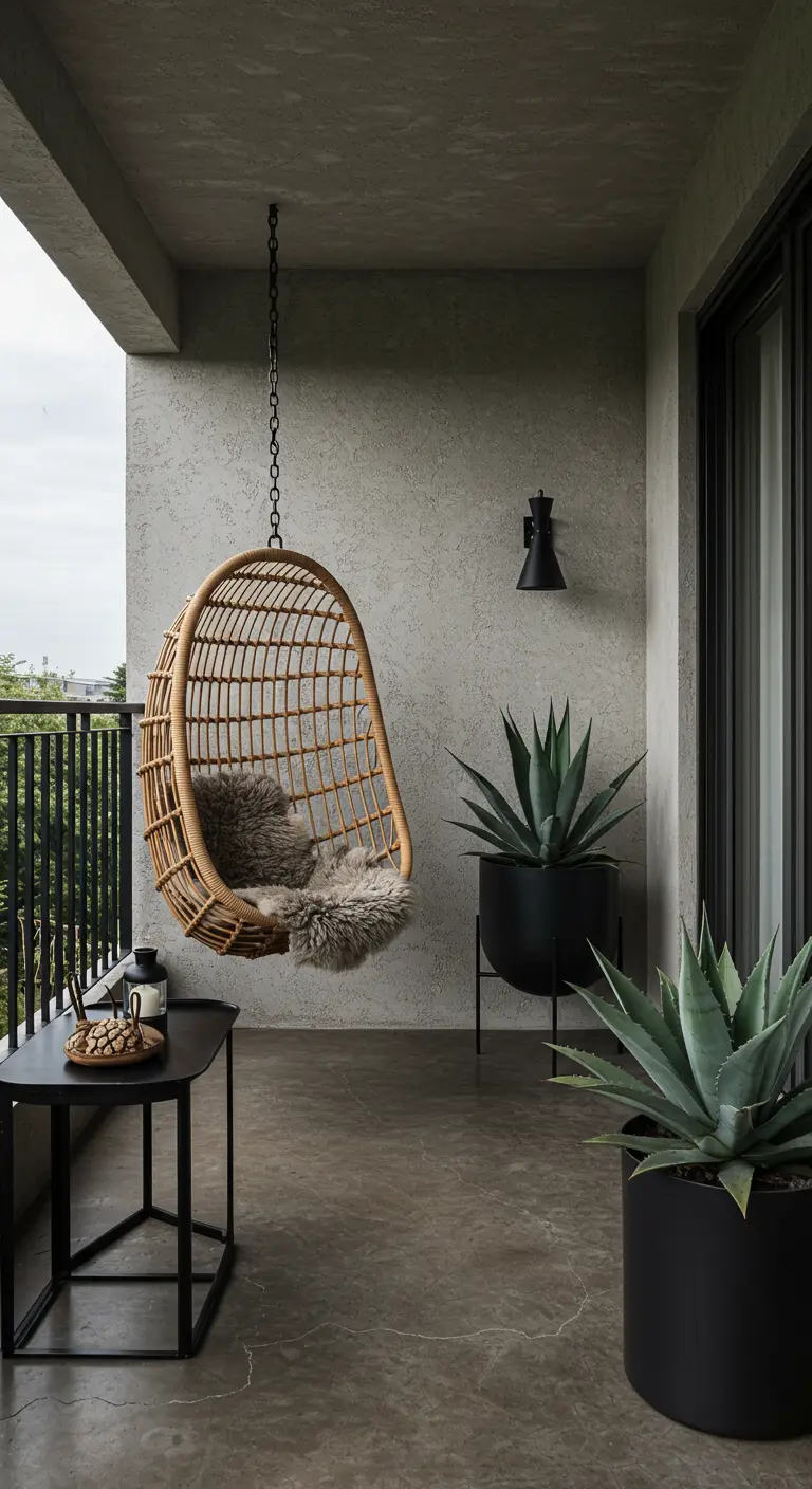 Balkon met betonlook, een rotan hangstoel en grote planten in zwarte potten.