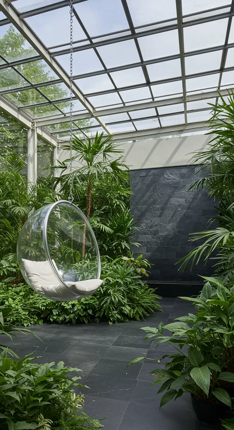Transparante 'bubble chair' hangt in een lichte serre vol met weelderige groene planten.
