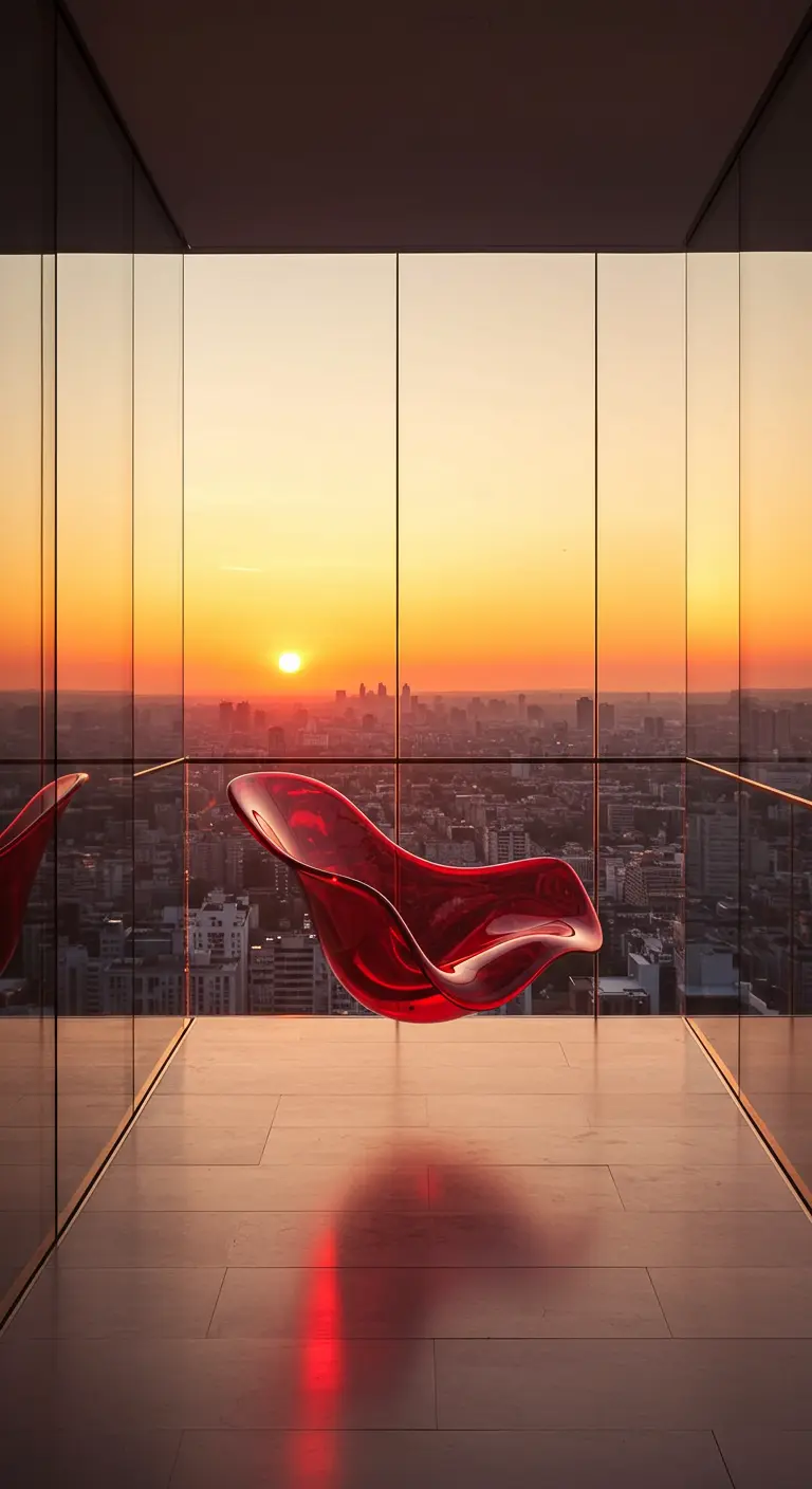 Rode, doorzichtige designschommel van glas, hangend in een appartement met uitzicht.