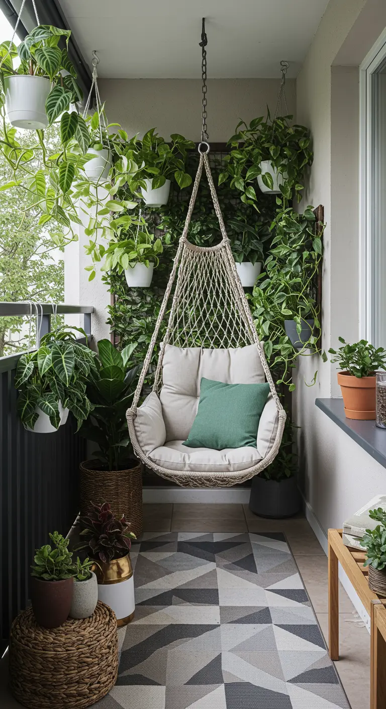 Balkon met een macramé hangstoel voor een verticale plantenwand en een grafisch vloerkleed.