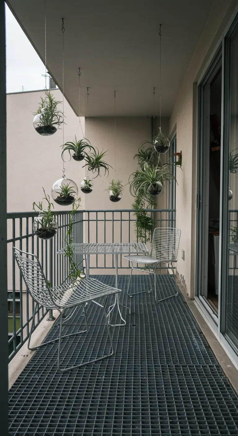 Balkon met stalen roostervloer en stoelen, met hangende glazen bollen vol plantjes.