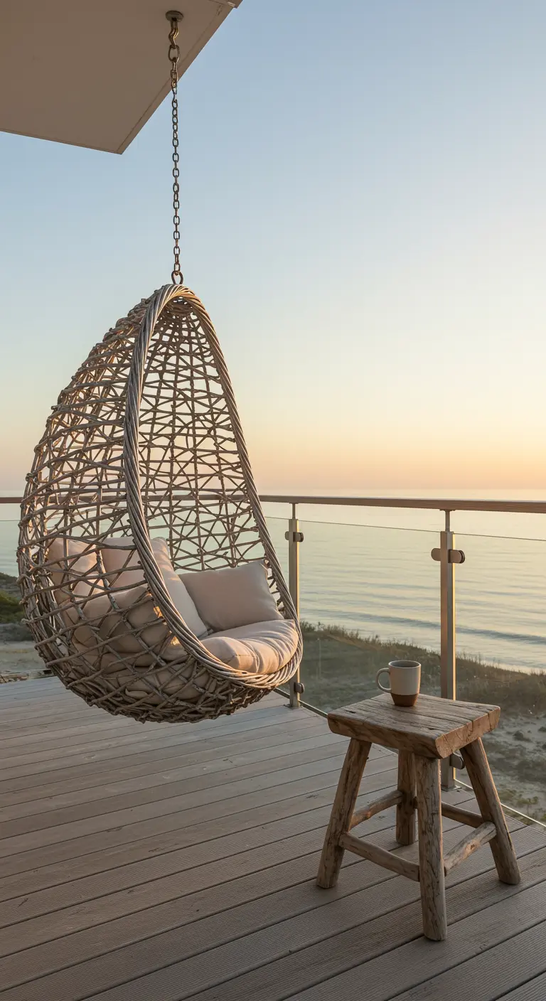 Lichte rotan hangstoel op een balkon met houten vlonder en uitzicht op zee bij zonsondergang.