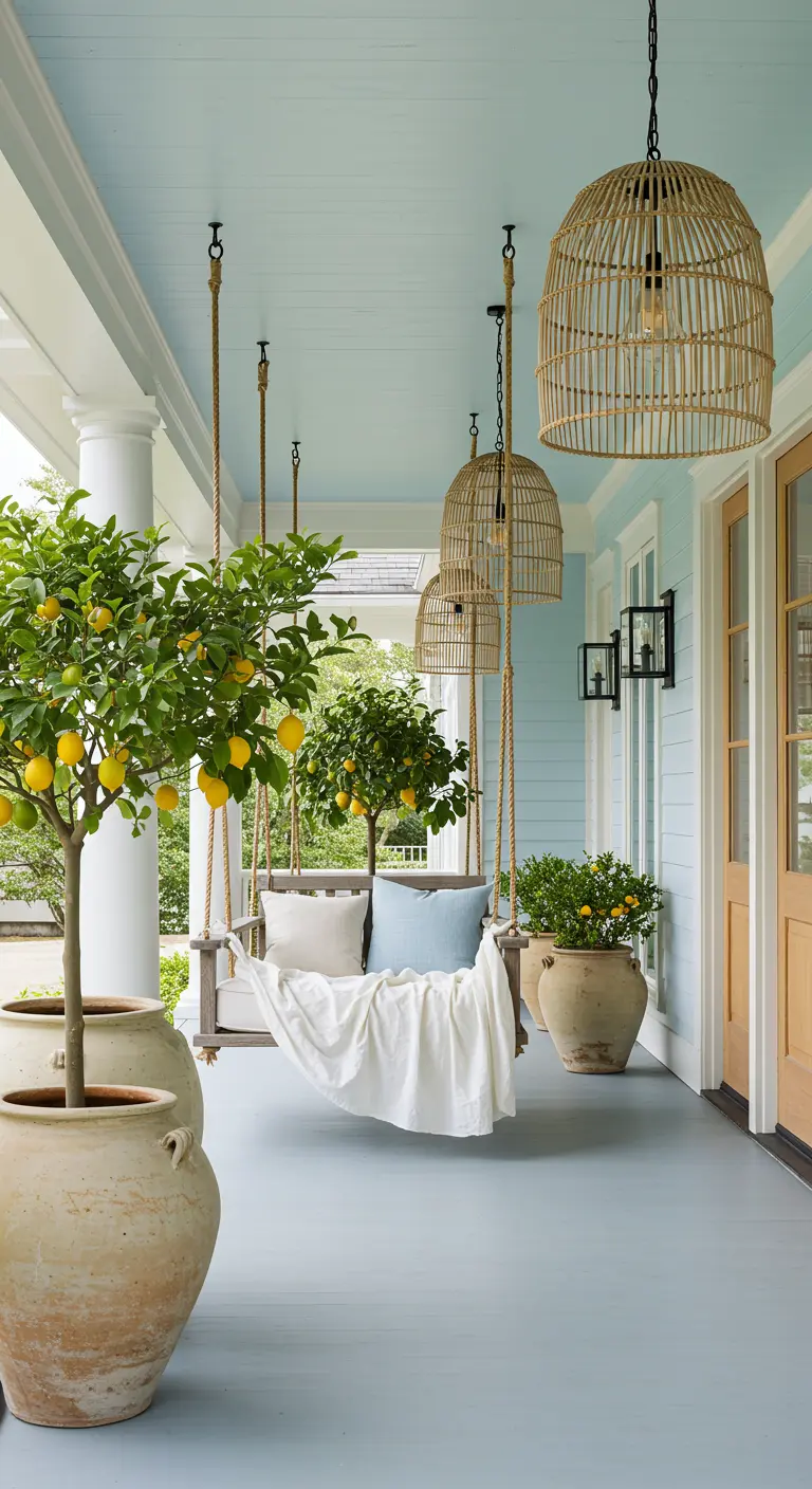 Veranda met lichtblauw plafond, een hangende schommelbank en grote rotan lampen.