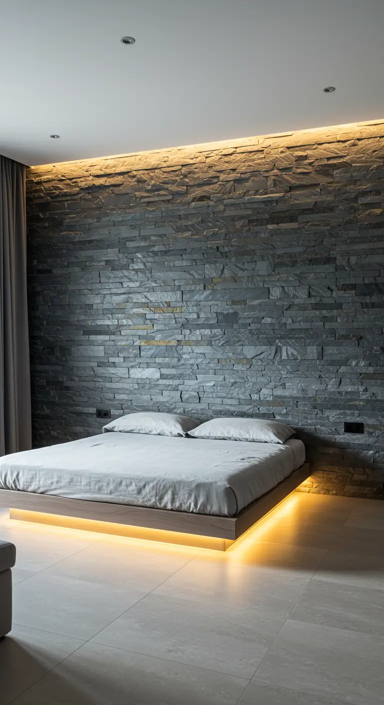 Minimalistische slaapkamer met een zwevend bed, verlicht door een warme ledstrip eronder.