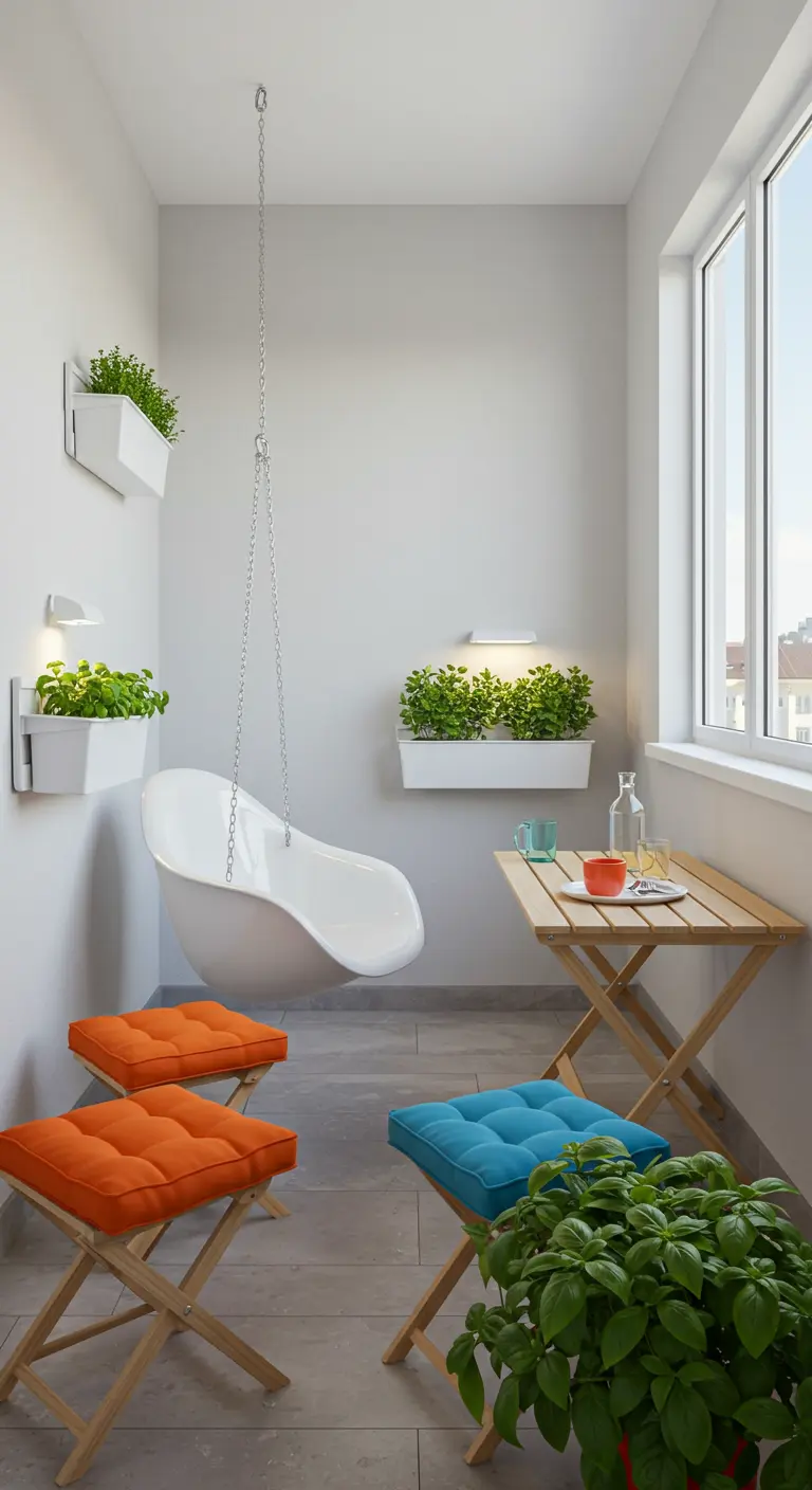 Klein balkon met witte hangstoel, opklapbare houten tafel, oranje en blauwe vouwkrukken.