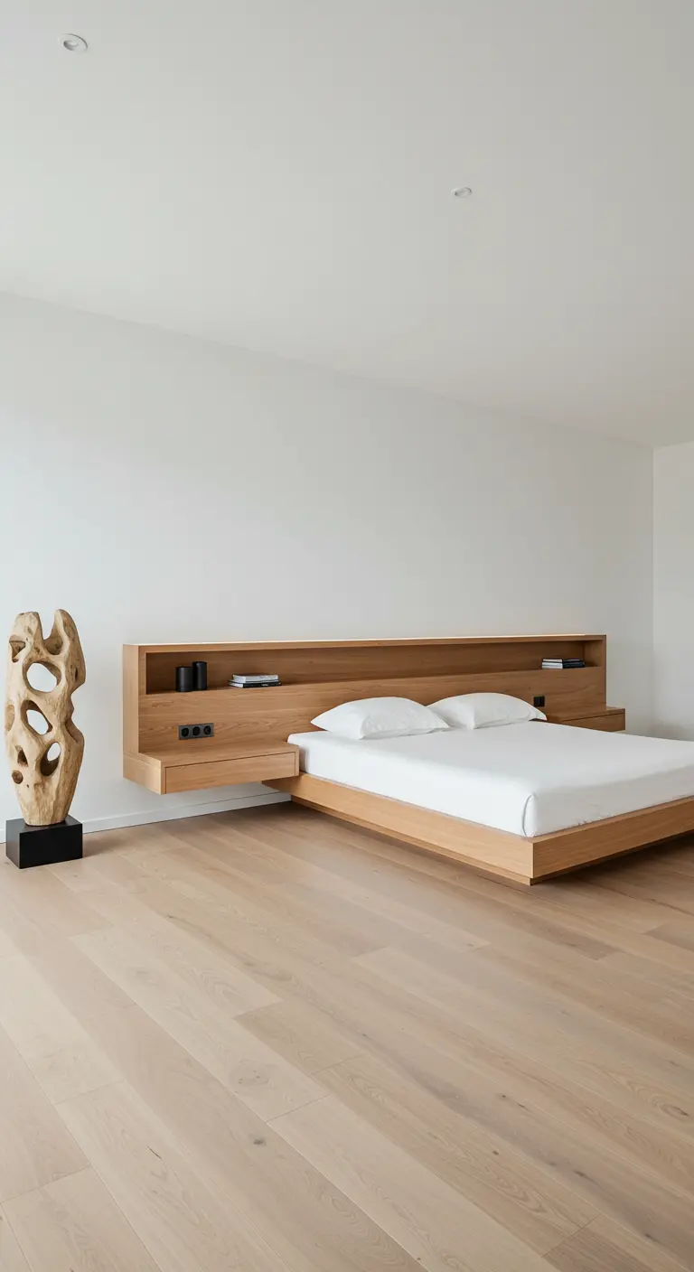 Slaapkamer met zwevend houten hoofdbord, geïntegreerde nachtkastjes en abstracte sculptuur.