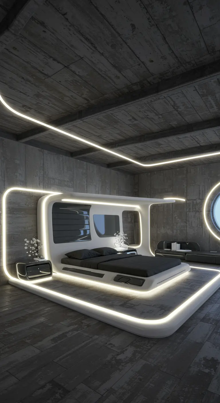 Grijze slaapkamer met zwevend bed, witte LED-lijnen en een rond raam, minimalistische stijl.