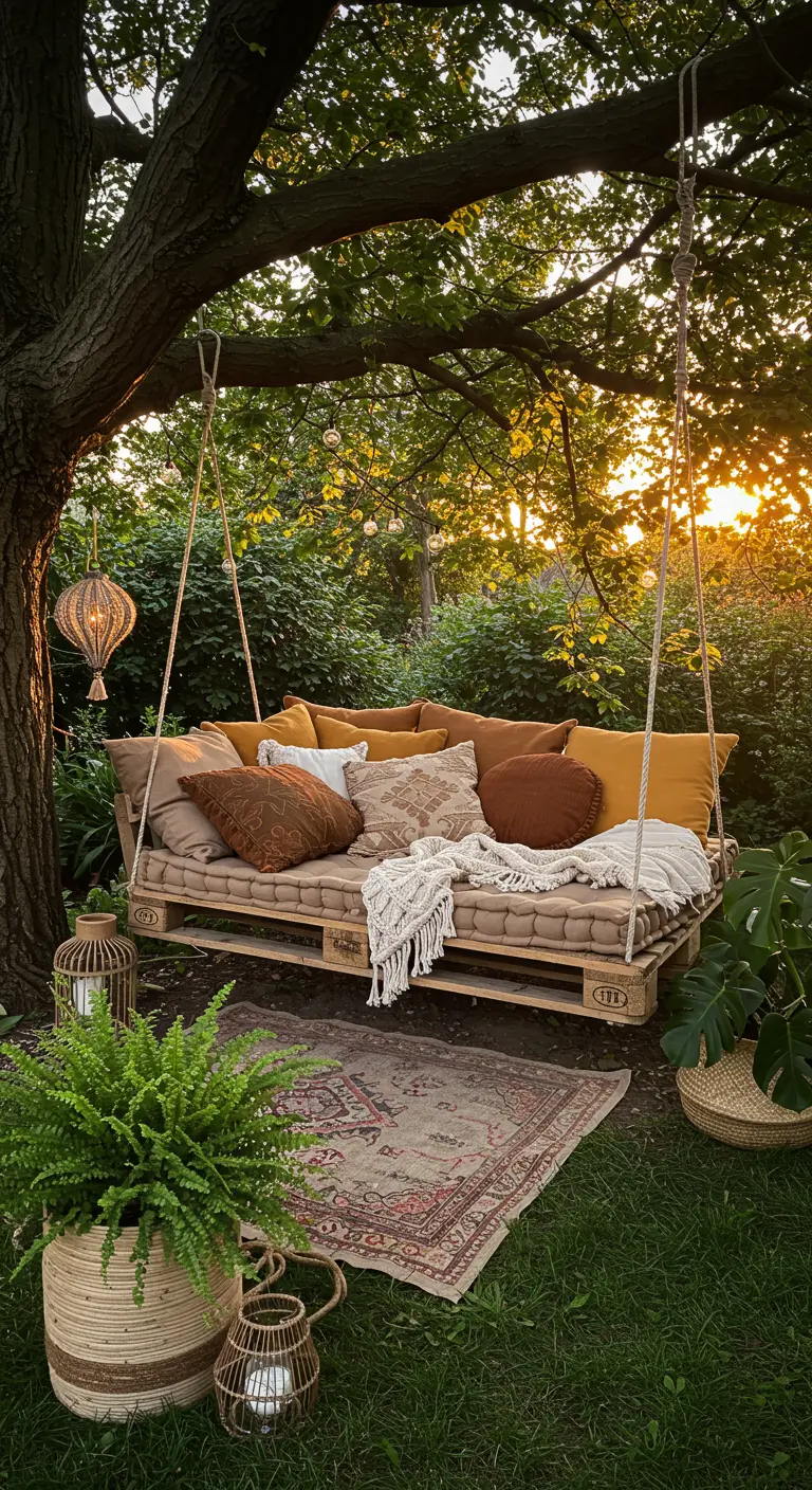 Zwevende pallet schommelbank in een tuin, vol met aardetinten kussens bij zonsondergang.
