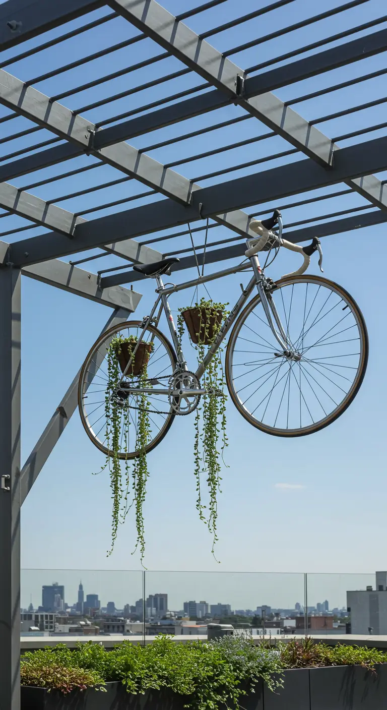 Racefiets hangt aan een pergola op een dakterras, met hangplanten die uit potten aan het frame groeien.