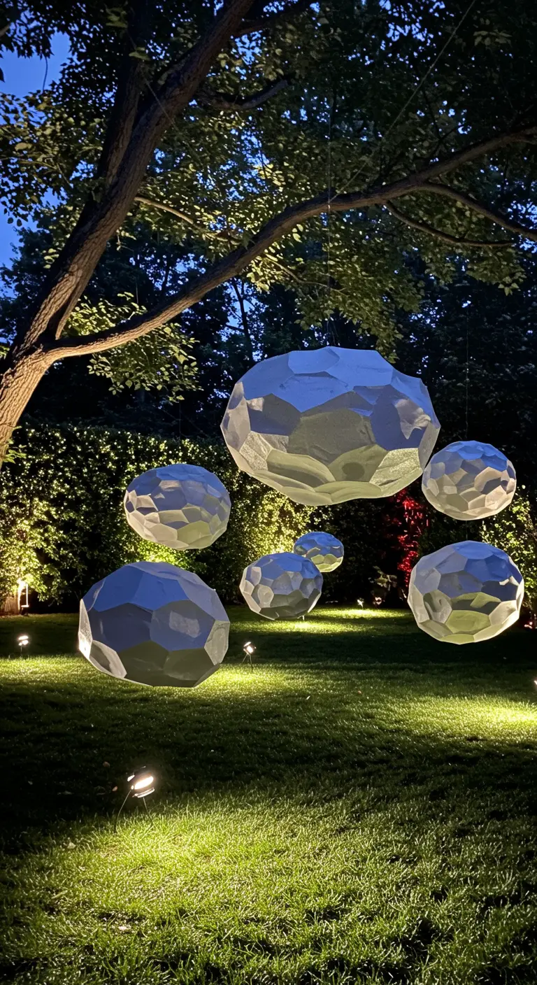 Grote, veelhoekige witte bollen die als asteroïden in een tuin zweven.
