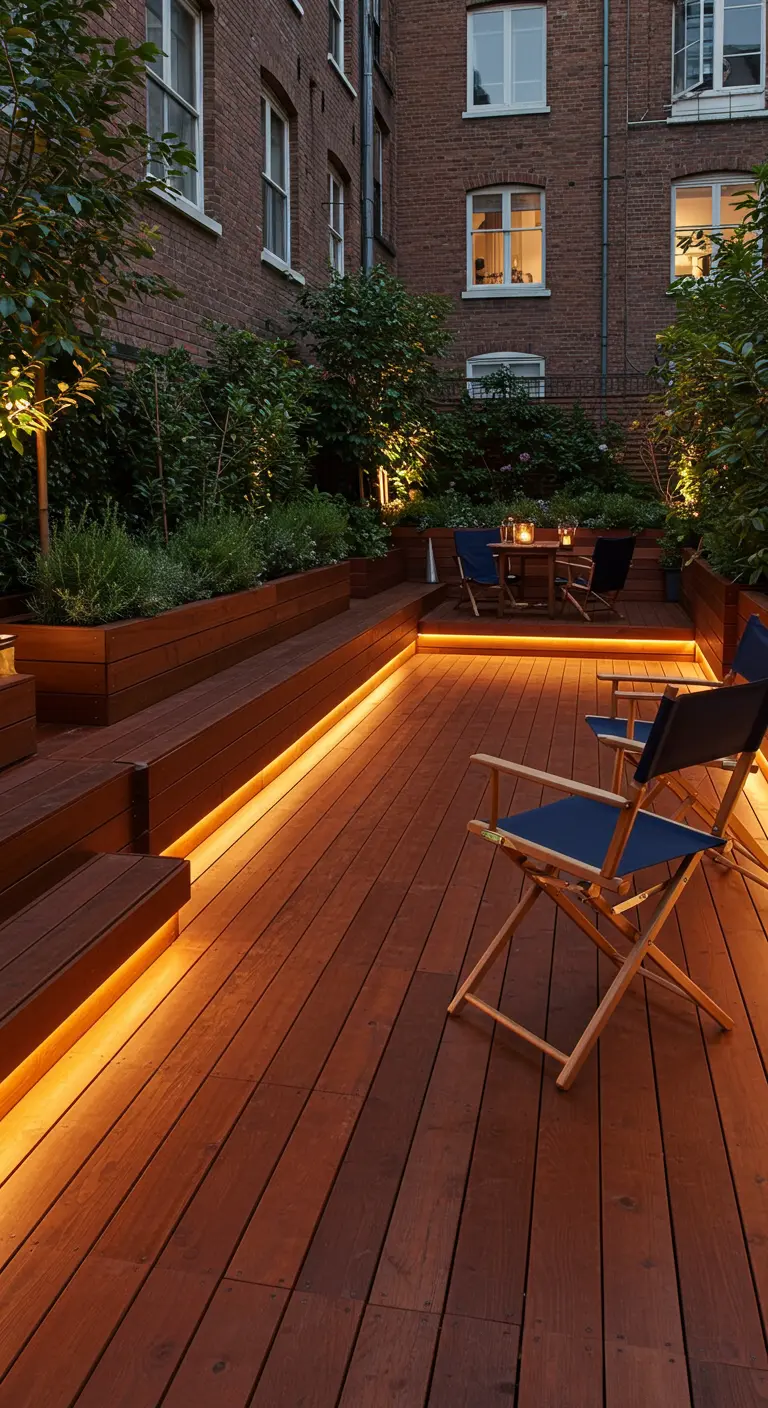 Houten terras met ingebouwde plantenbakken en sfeervolle ledverlichting.