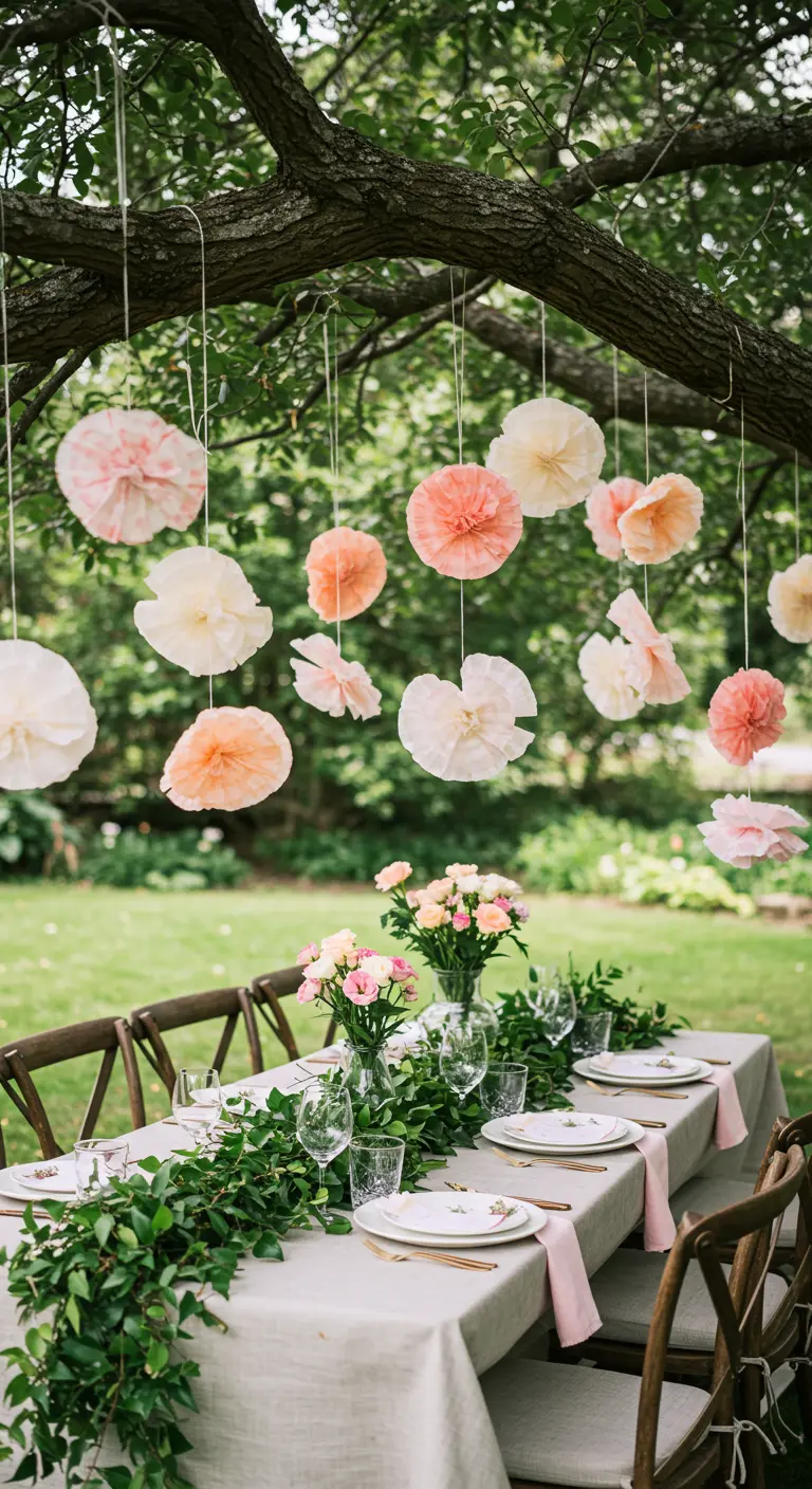 Tafel in de tuin met hangende papieren pompons in roze en wit.