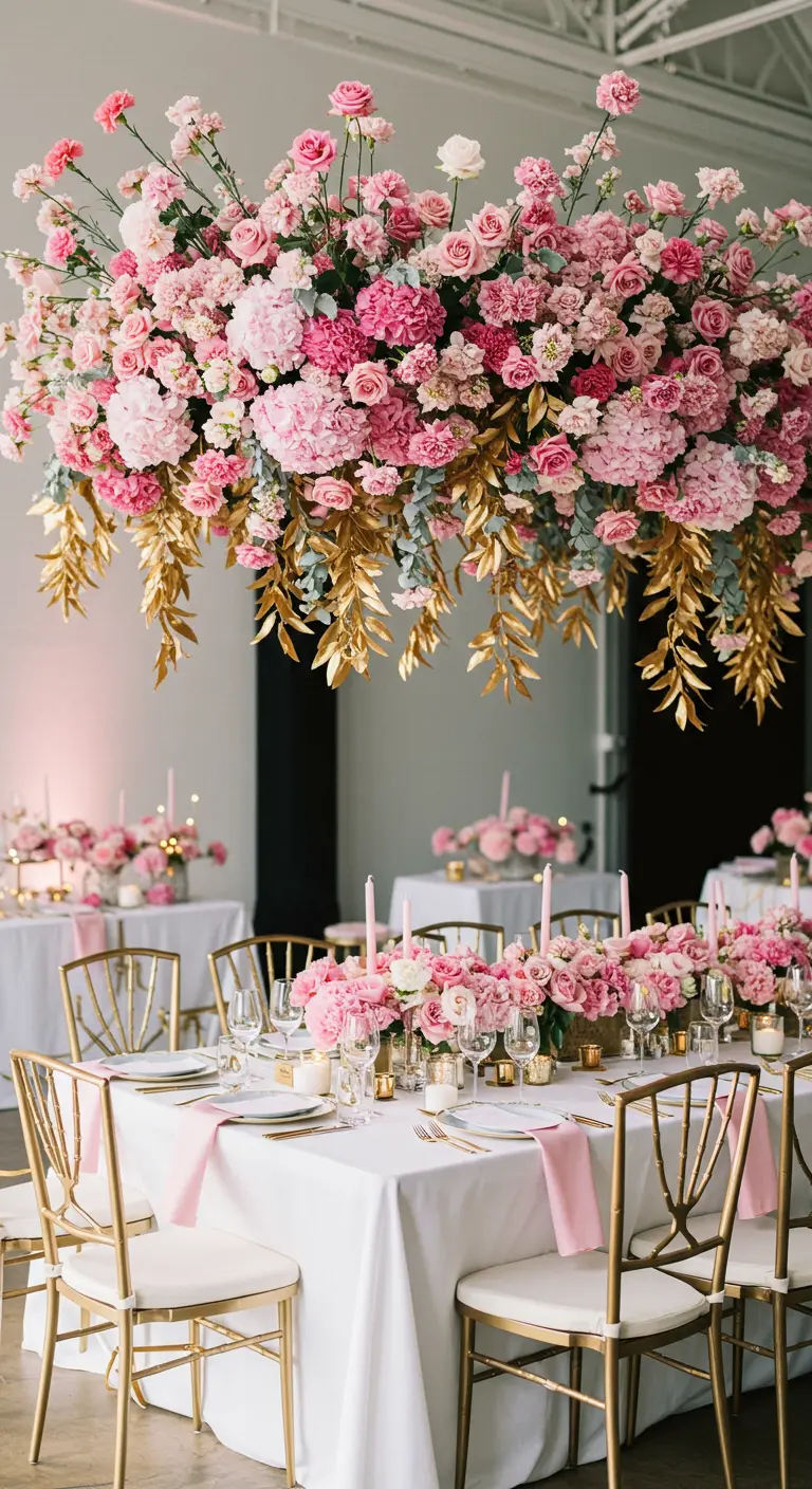 Grote bloemeninstallatie hangend boven een gedekte tafel met gouden stoelen.