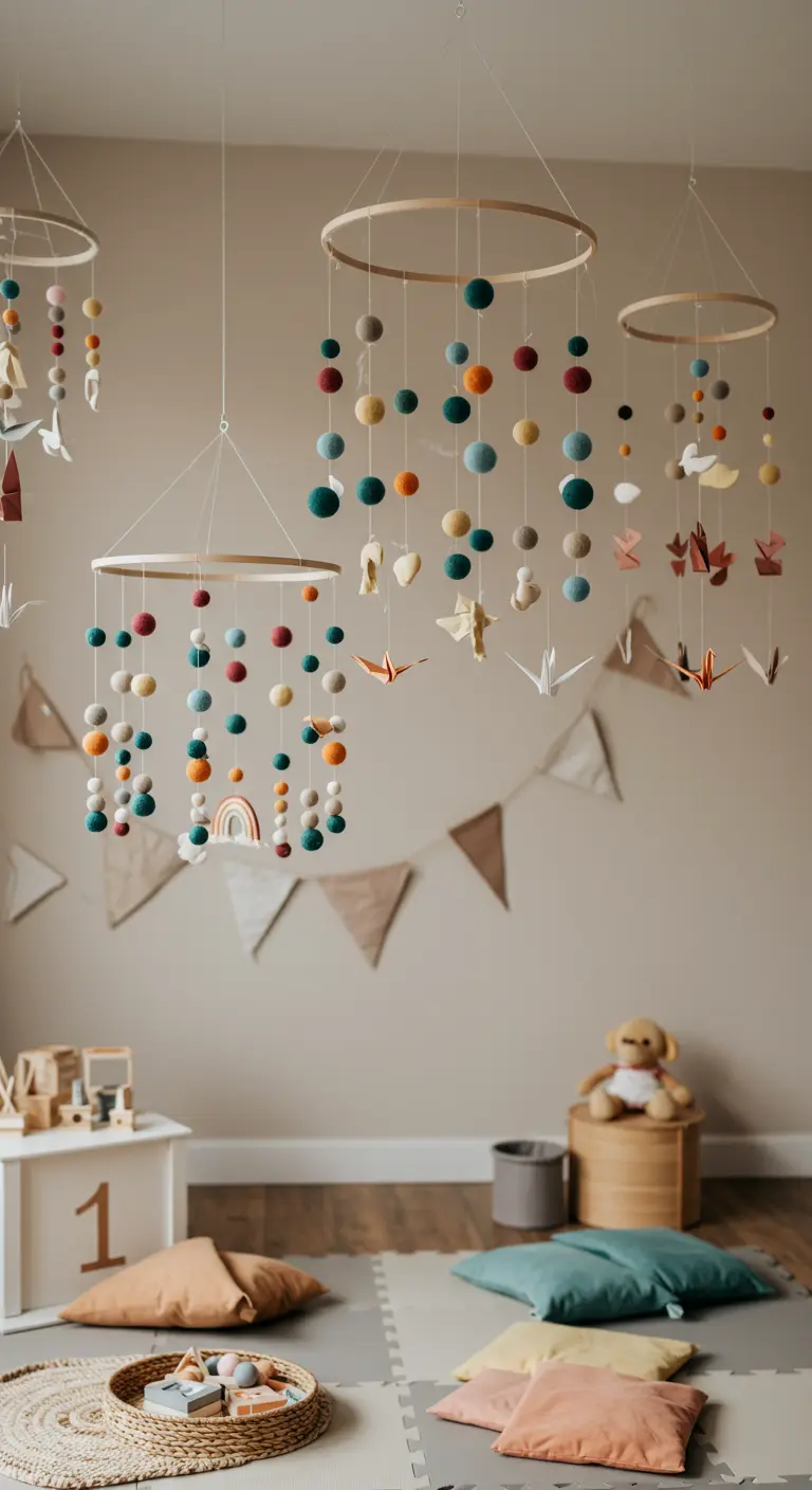 Mobielen van vilten bolletjes en origami in een kinderkamer met neutrale tinten.