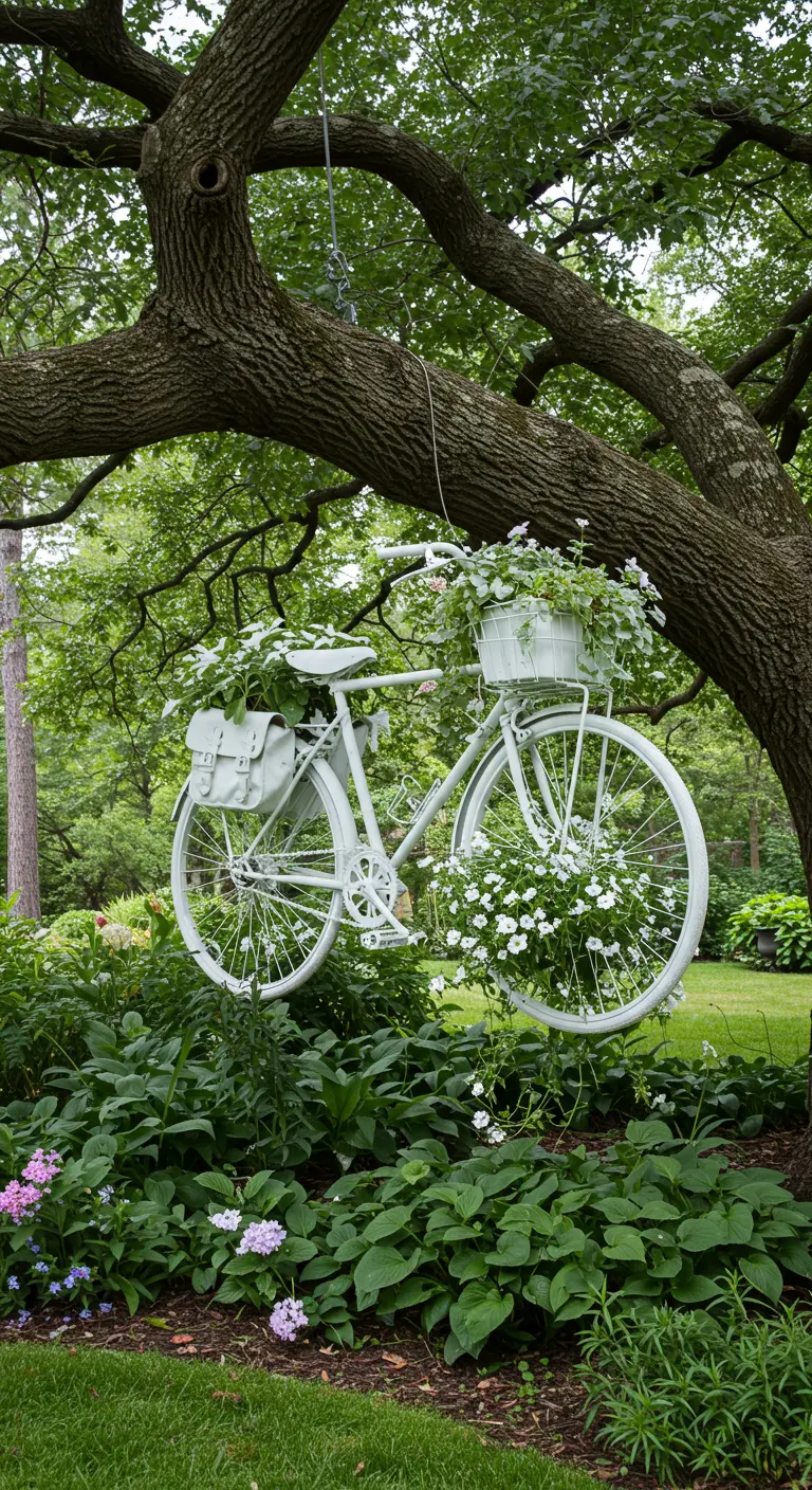 Witte fiets vol witte bloemen hangt aan een tak van een grote boom in een weelderige tuin.