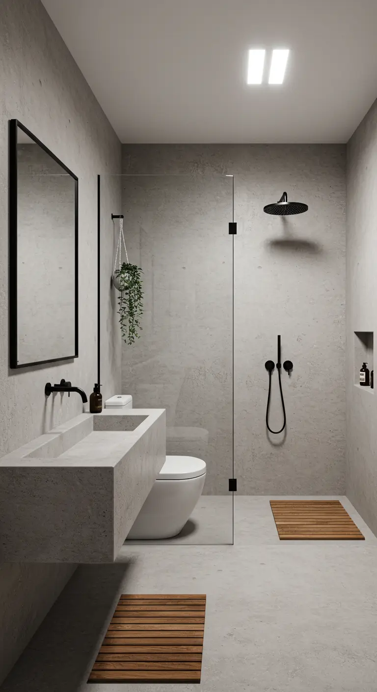 Minimalistische badkamer met een zwevende betonnen wastafel en een hangplant.