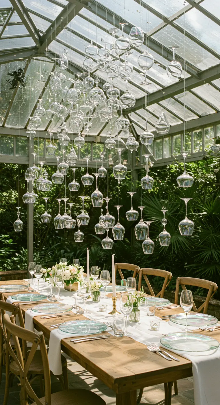Wijn- en champagneglazen hangen als een installatie boven een gedekte tafel.