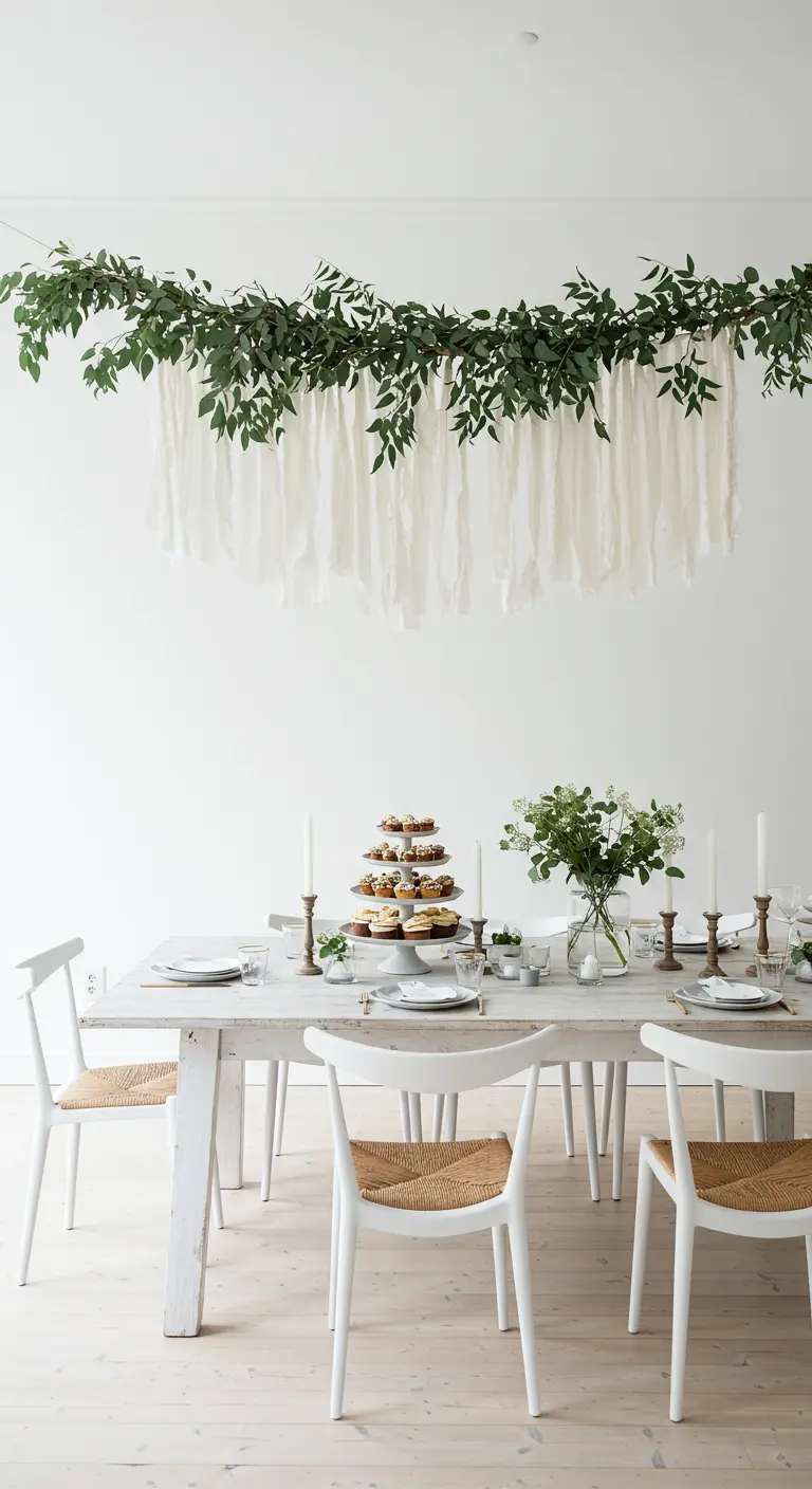 Slinger van groen en witte stofrepen hangt boven een minimalistisch gedekte eettafel.