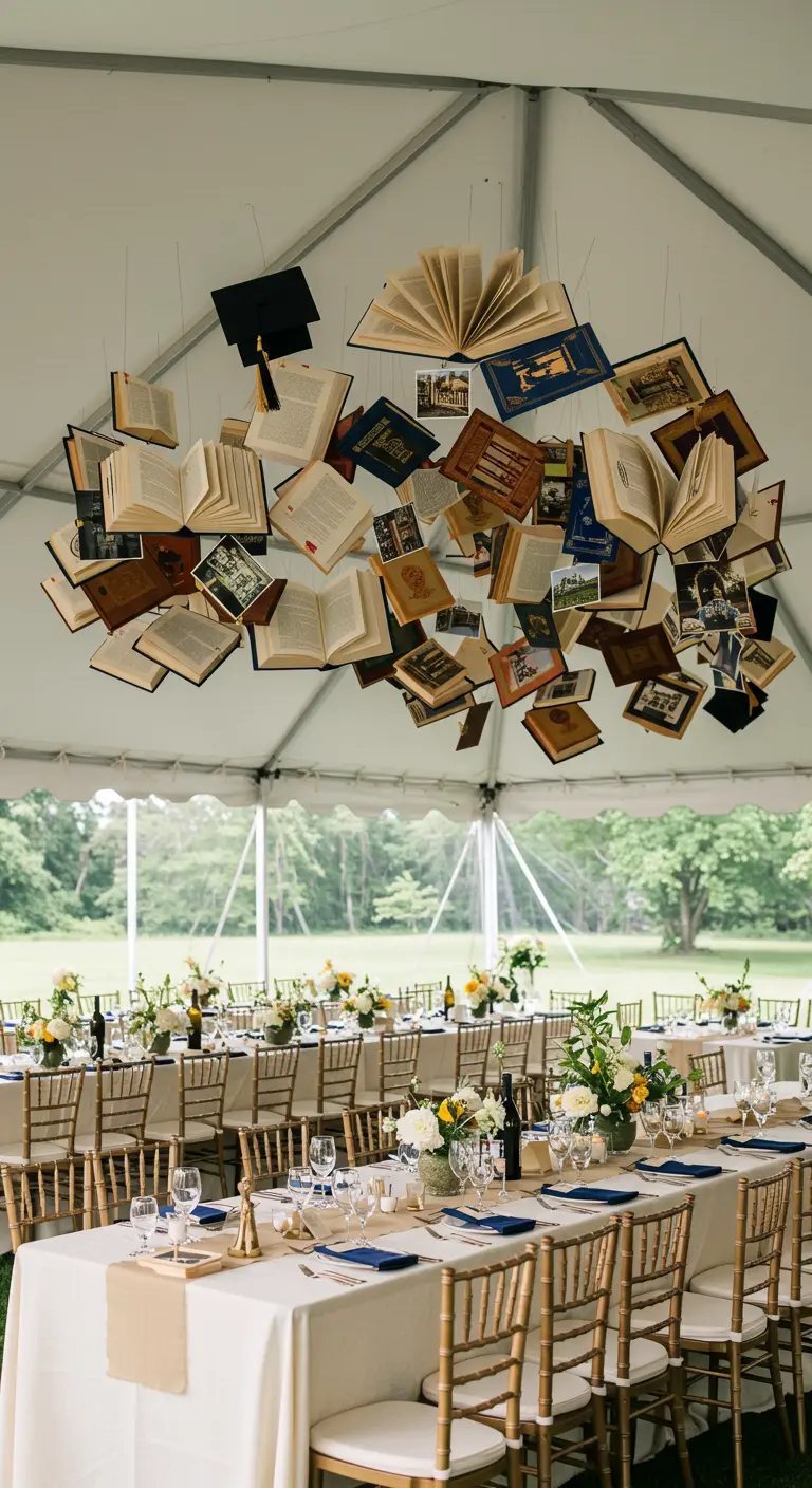Installatie van hangende boeken en kaarten boven een lange, gedekte feesttafel in een tent.