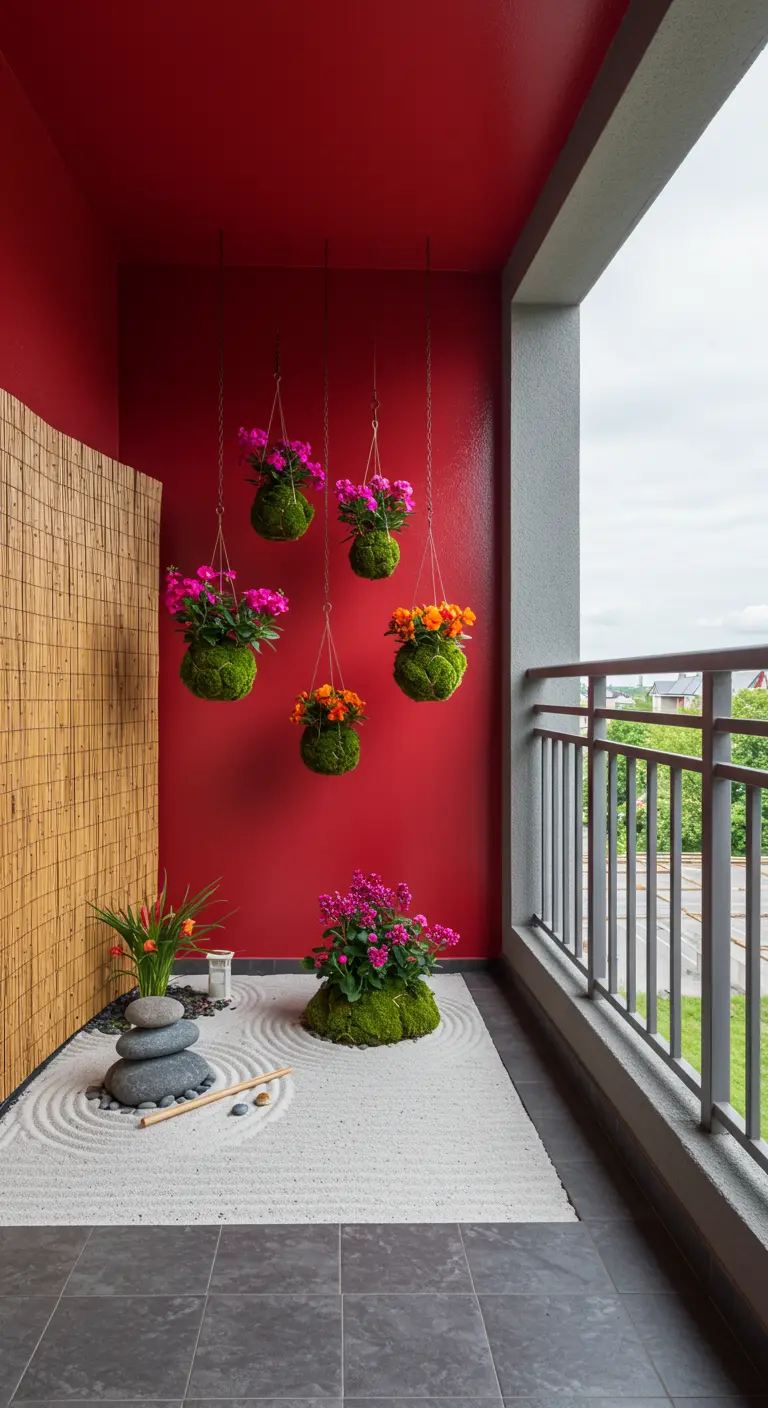 Japans geïnspireerd balkon met rode muur, een zentuin en hangende kokedama-planten in felle kleuren.