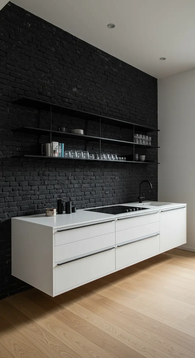 Witte zwevende keukenkasten tegen een matzwarte bakstenen muur.