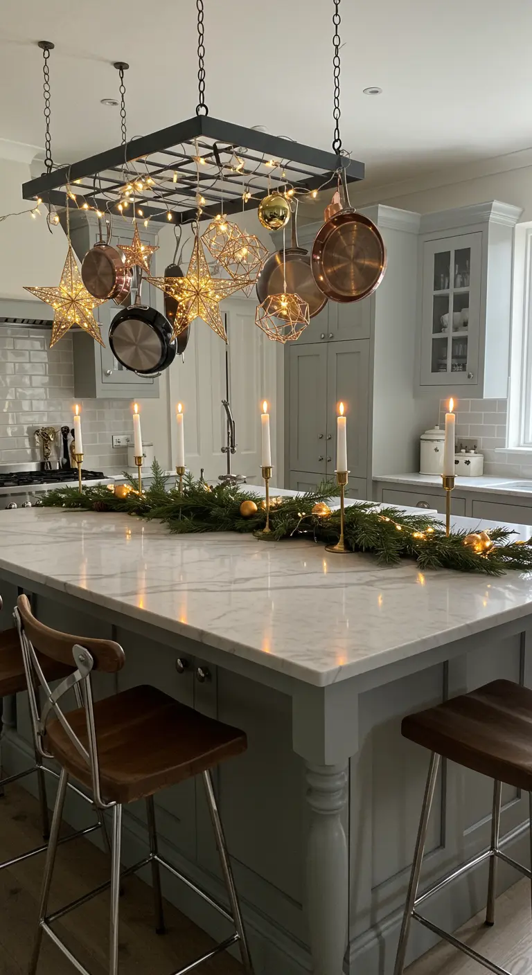 Pannenrek boven een kookeiland versierd met hangende sterren, kerstballen en lichtjes.