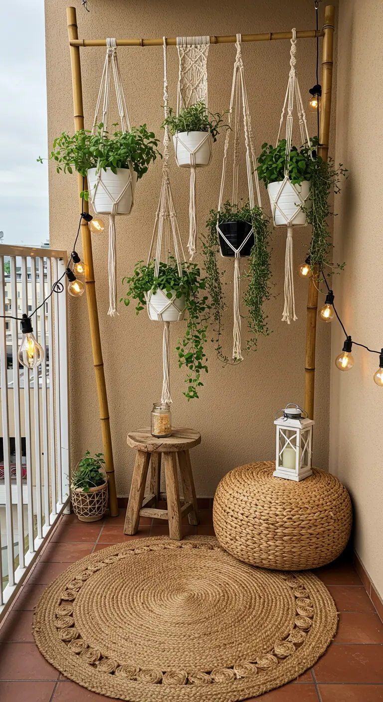 Bohemian balkon met macramé hangers voor kruiden, een juten kleed en lichtsnoer.