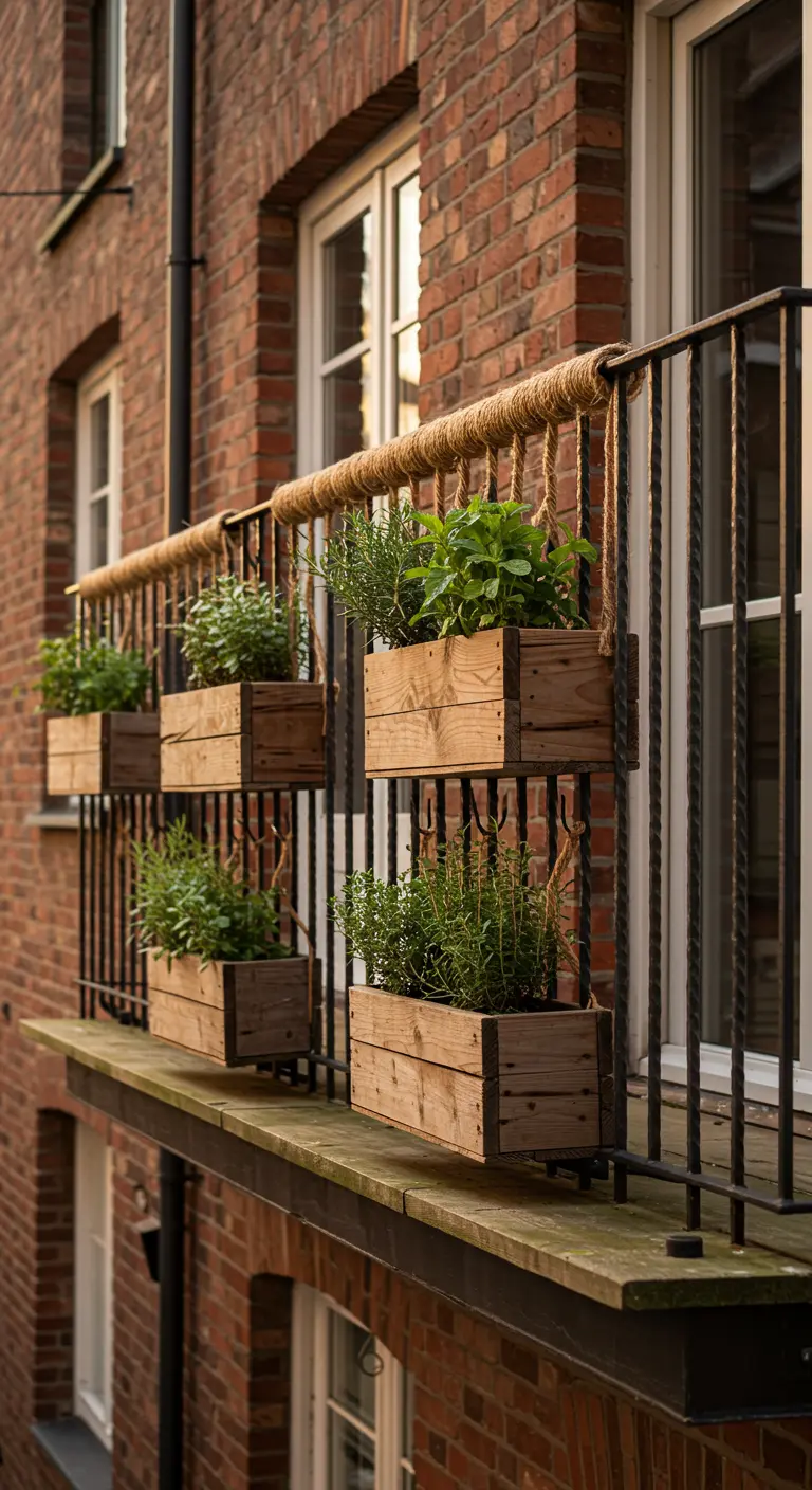 Houten kistjes met kruiden hangen als plantenbakken aan een balkonhek.