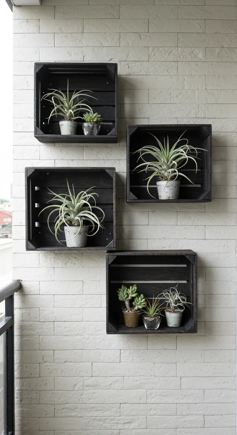 Vier zwarte houten kratten aan een witte muur met luchtplantjes erin.