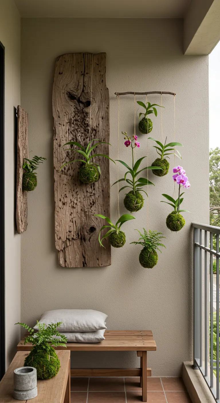 Hangende kokedama mosballen met orchideeën tegen een rustige, beige muur.