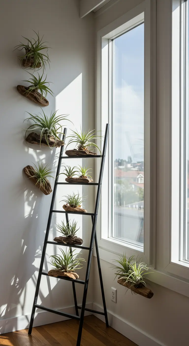 Zwarte ladder bij een raam, gebruikt om luchtplantjes (Tillandsia) op stukjes hout te tonen.