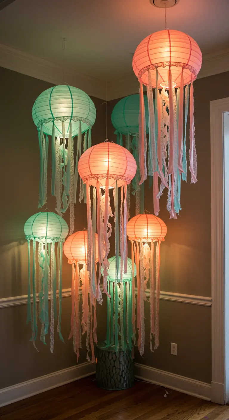 DIY-lampen gemaakt van papieren lampionnen met linten eraan, die op kwallen lijken.