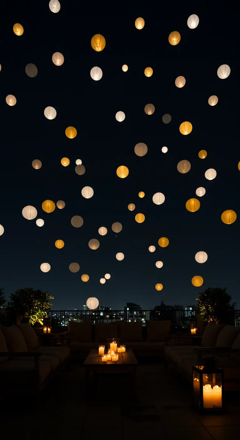 Nachtelijke hemel boven een dakterras, gevuld met tientallen zwevende, verlichte lampionnen.