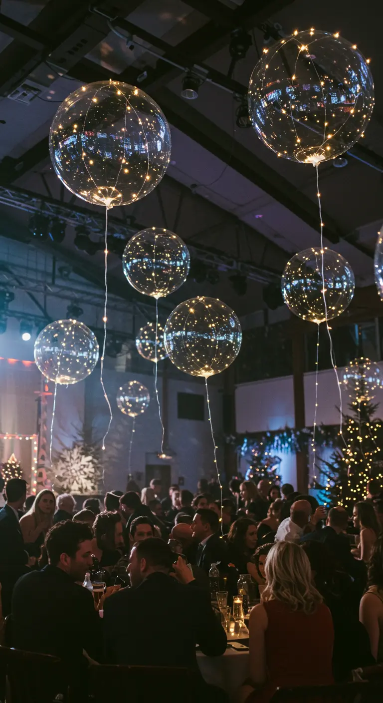 Grote, doorzichtige ballonnen met sprookjesverlichting zweven boven een feestende menigte.