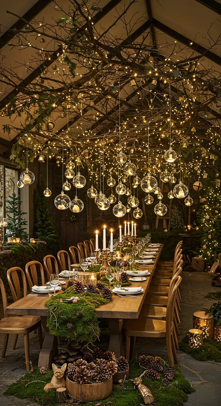 Eettafel onder een wolk van takken, lichtjes en hangende glazen bollen met kaarsjes erin.