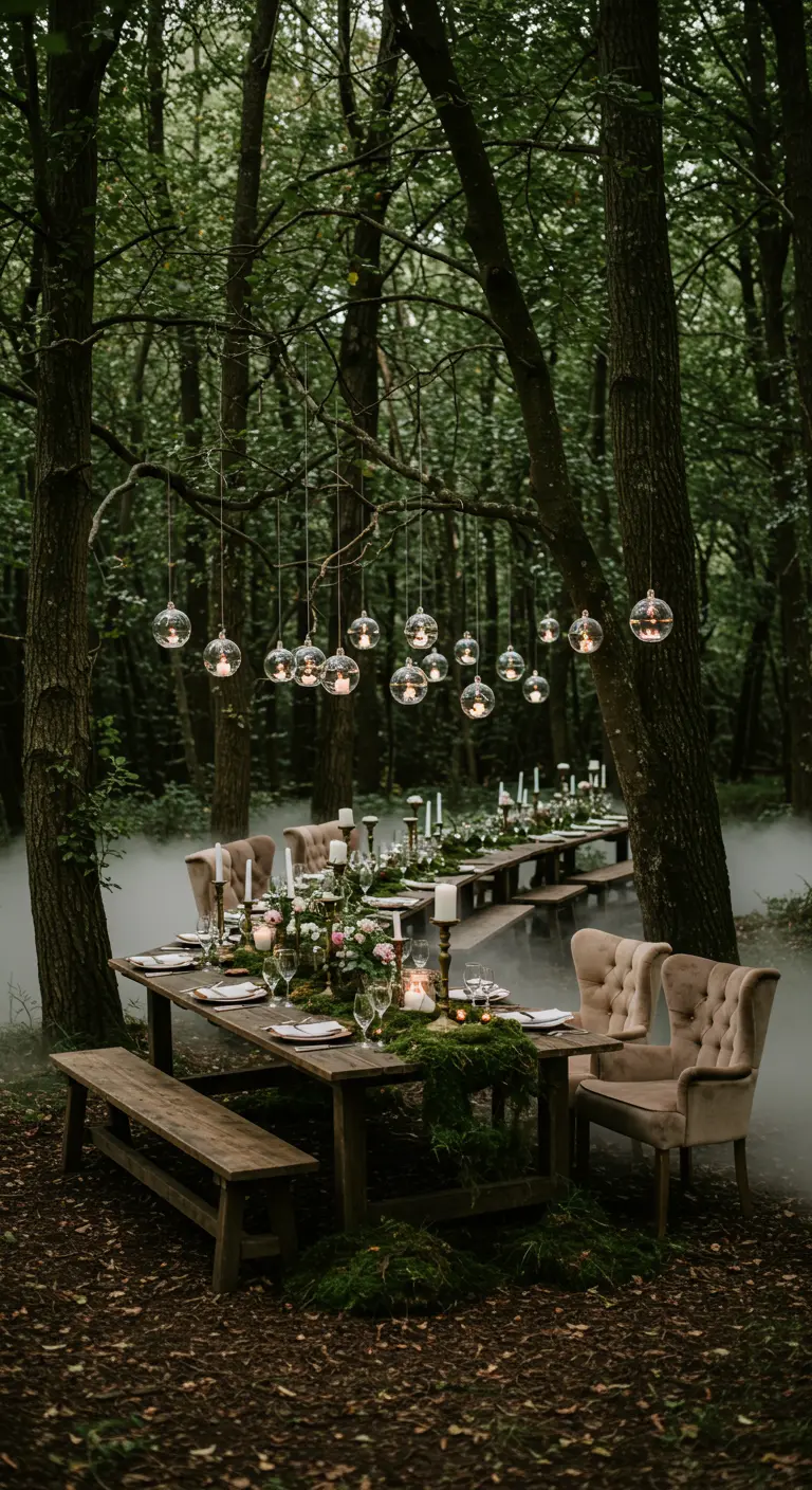 Dinertafel in een mistig bos met vintage stoelen en hangende glazen bollen met kaarsjes.