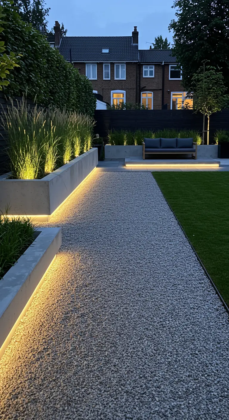 Moderne tuin met verlicht grindpad en betonnen plantenbakken met siergras.