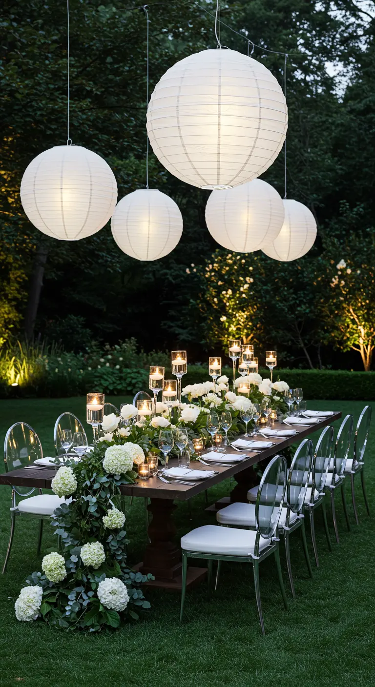 Lange tuintafel 's avonds met grote, verlichte witte lampionnen die erboven hangen.