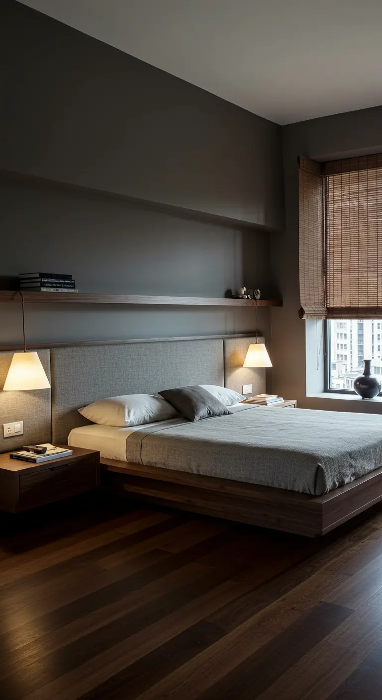 Moderne slaapkamer met een zwevend bedframe, donker hout en een gestoffeerd hoofdeinde.