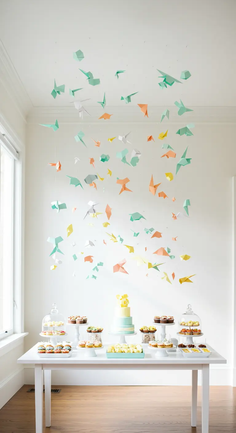 Een mobiel van kleurrijke origami-vogels zweeft boven een witte desserttafel.