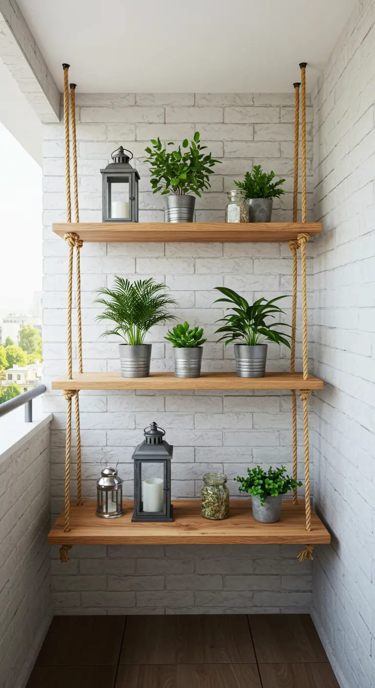Hangende houten planken aan dik touw, gestyled met planten en lantaarns.