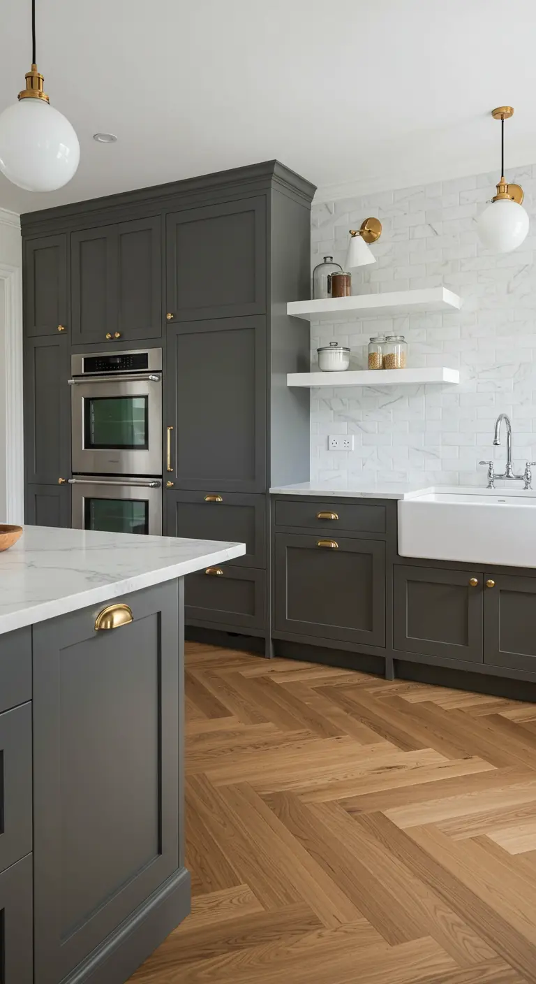 Grijze keuken met lichte houten visgraatvloer en witte zwevende open planken.